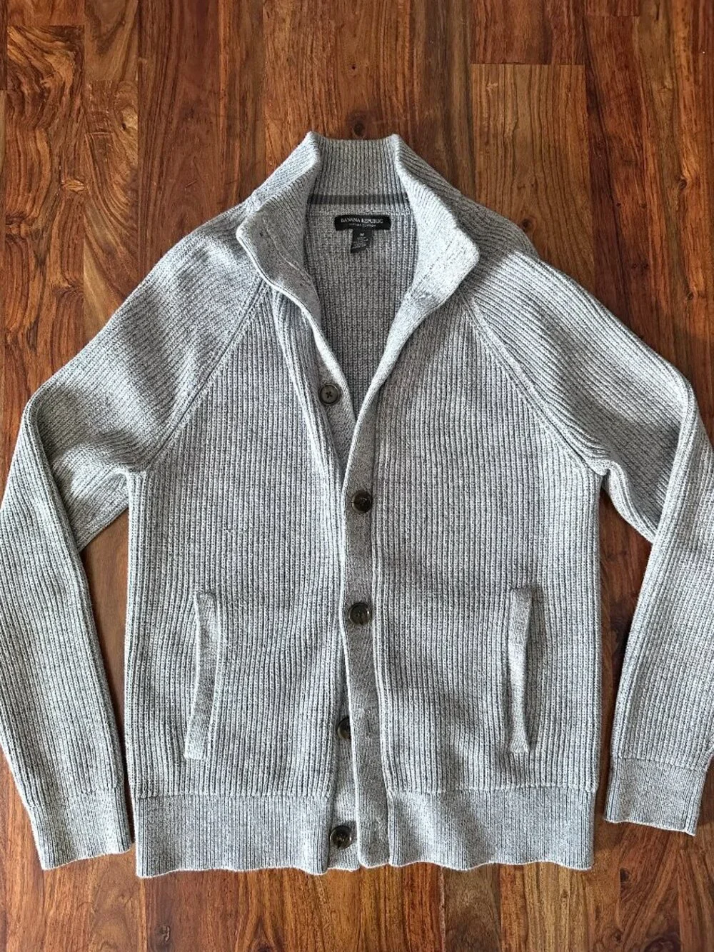 Banana Republic, Gray Ribbed-Knit Button-Up Cardigan Sweater, Men Size M